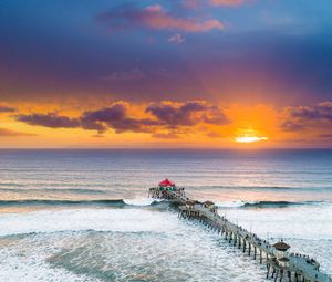 Preview wallpaper pier, ocean, waves, foam, horizon