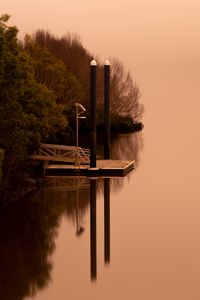 Preview wallpaper pier, pilings, reflection, lake, trees, landscape