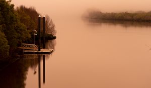 Preview wallpaper pier, pilings, reflection, lake, trees, landscape