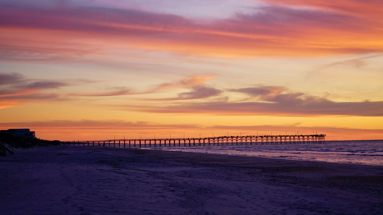 Wallpaper pier, pilings, sea, sunset, silhouette