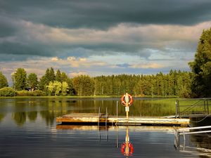 Preview wallpaper pier, pond, landscape, forest