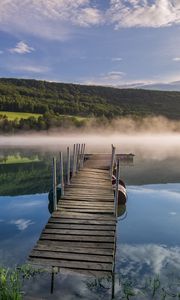 Preview wallpaper pier, river, fog, forest, nature