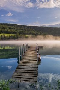 Preview wallpaper pier, river, fog, forest, nature