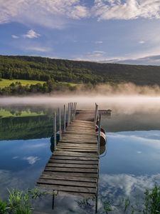 Preview wallpaper pier, river, fog, forest, nature