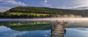 Preview wallpaper pier, river, fog, forest, nature