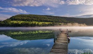 Preview wallpaper pier, river, fog, forest, nature