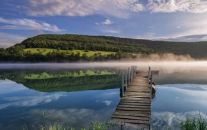 Preview wallpaper pier, river, fog, forest, nature