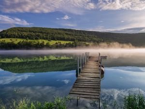 Preview wallpaper pier, river, fog, forest, nature