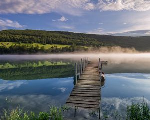 Preview wallpaper pier, river, fog, forest, nature