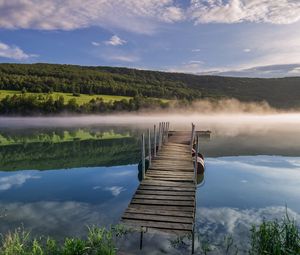 Preview wallpaper pier, river, fog, forest, nature