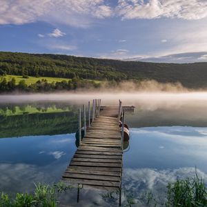 Preview wallpaper pier, river, fog, forest, nature