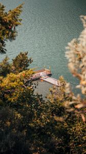 Preview wallpaper pier, river, lake, trees, aerial view