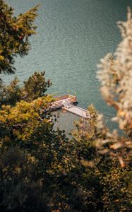 Preview wallpaper pier, river, lake, trees, aerial view