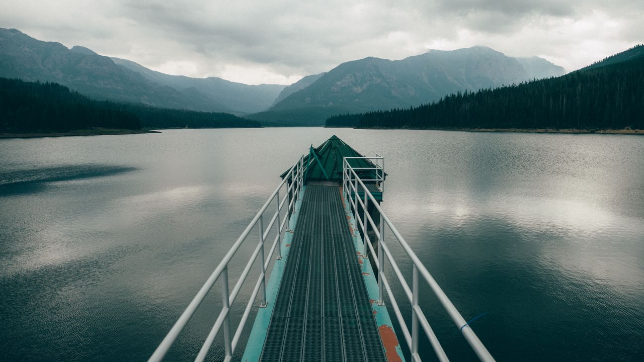 Wallpaper pier, river, mountains, forest, fog