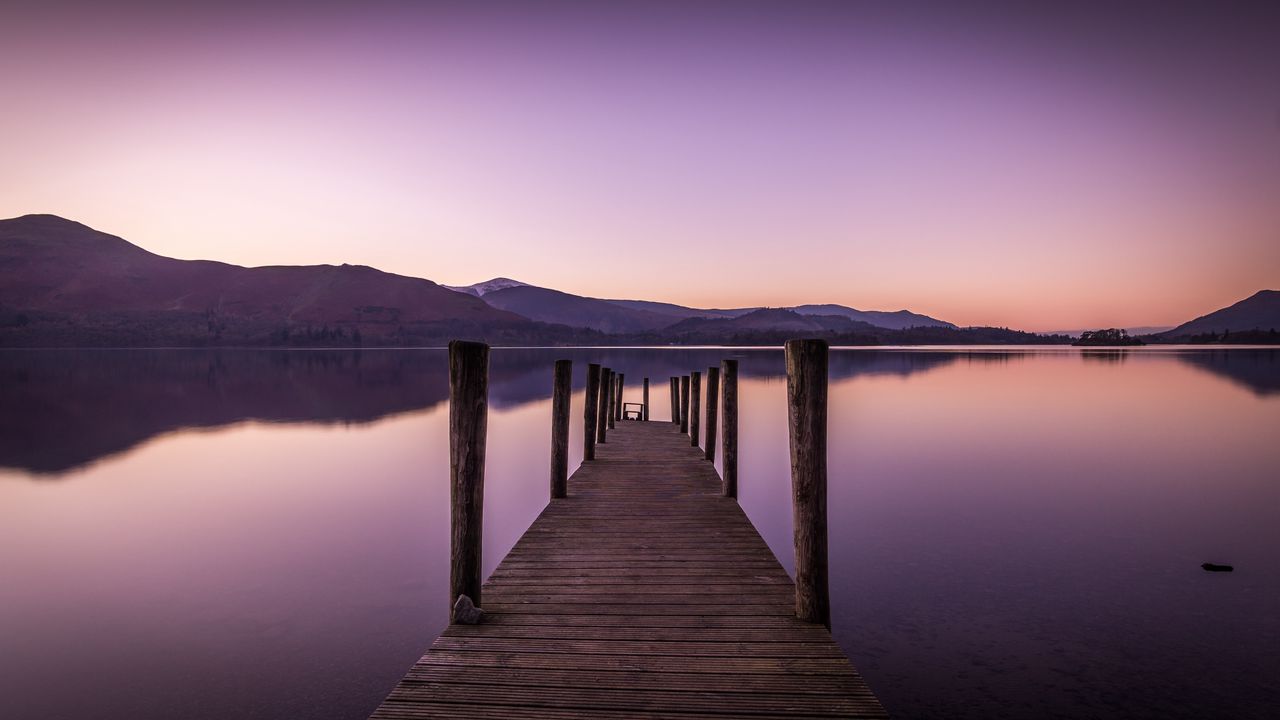 Wallpaper pier, river, mountains, sunset