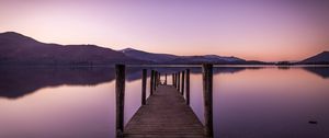 Preview wallpaper pier, river, mountains, sunset