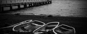 Preview wallpaper pier, river, mountains, boats, black and white