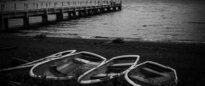 Preview wallpaper pier, river, mountains, boats, black and white