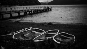 Preview wallpaper pier, river, mountains, boats, black and white