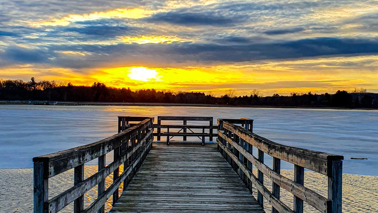 Wallpaper pier, river, sunset, sun