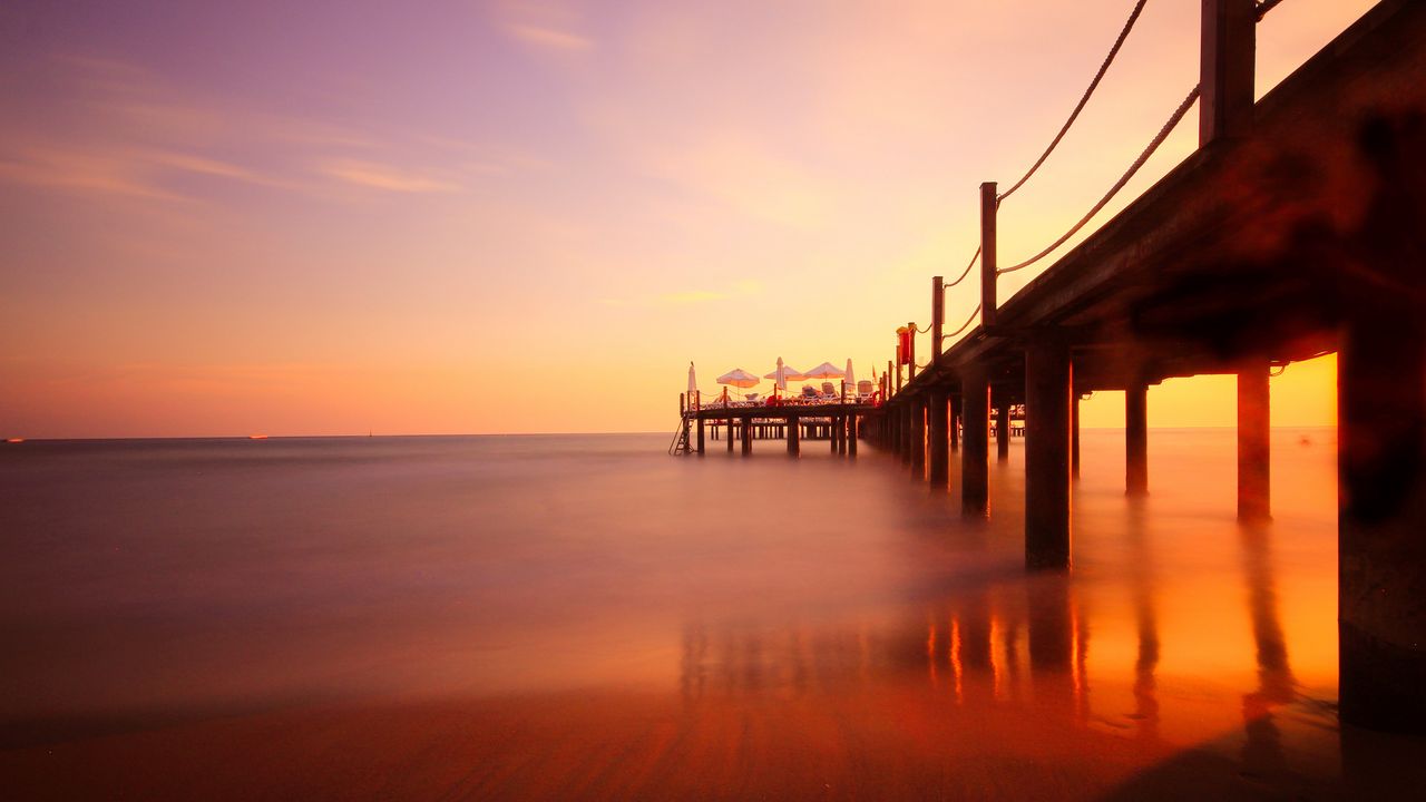 Wallpaper pier, river, sunset, landscape