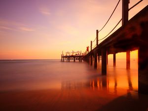 Preview wallpaper pier, river, sunset, landscape