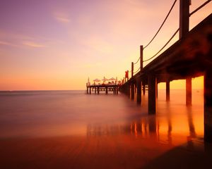 Preview wallpaper pier, river, sunset, landscape