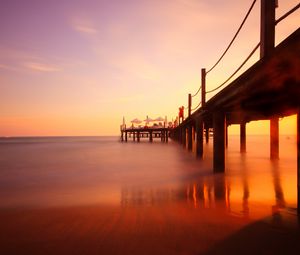 Preview wallpaper pier, river, sunset, landscape