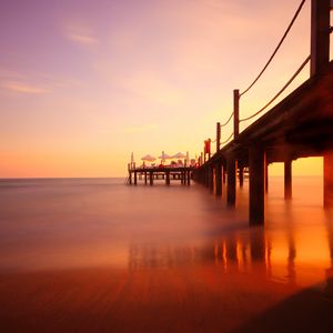 Preview wallpaper pier, river, sunset, landscape