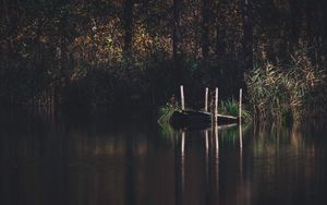 Preview wallpaper pier, river, trees, grass, forest