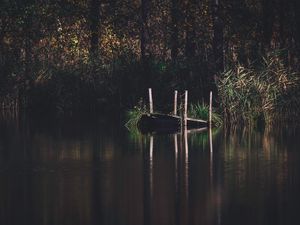 Preview wallpaper pier, river, trees, grass, forest