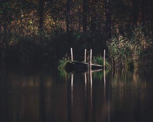 Preview wallpaper pier, river, trees, grass, forest