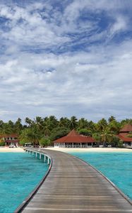 Preview wallpaper pier, sea, beach, palm trees, island