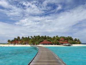 Preview wallpaper pier, sea, beach, palm trees, island