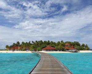 Preview wallpaper pier, sea, beach, palm trees, island