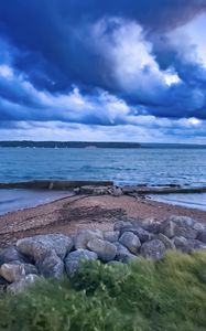 Preview wallpaper pier, sea, clouds, sky, stones