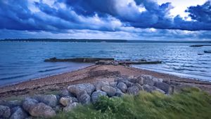 Preview wallpaper pier, sea, clouds, sky, stones