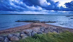 Preview wallpaper pier, sea, clouds, sky, stones