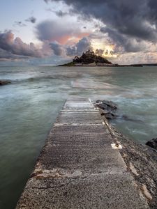 Preview wallpaper pier, sea, island, clouds, landscape