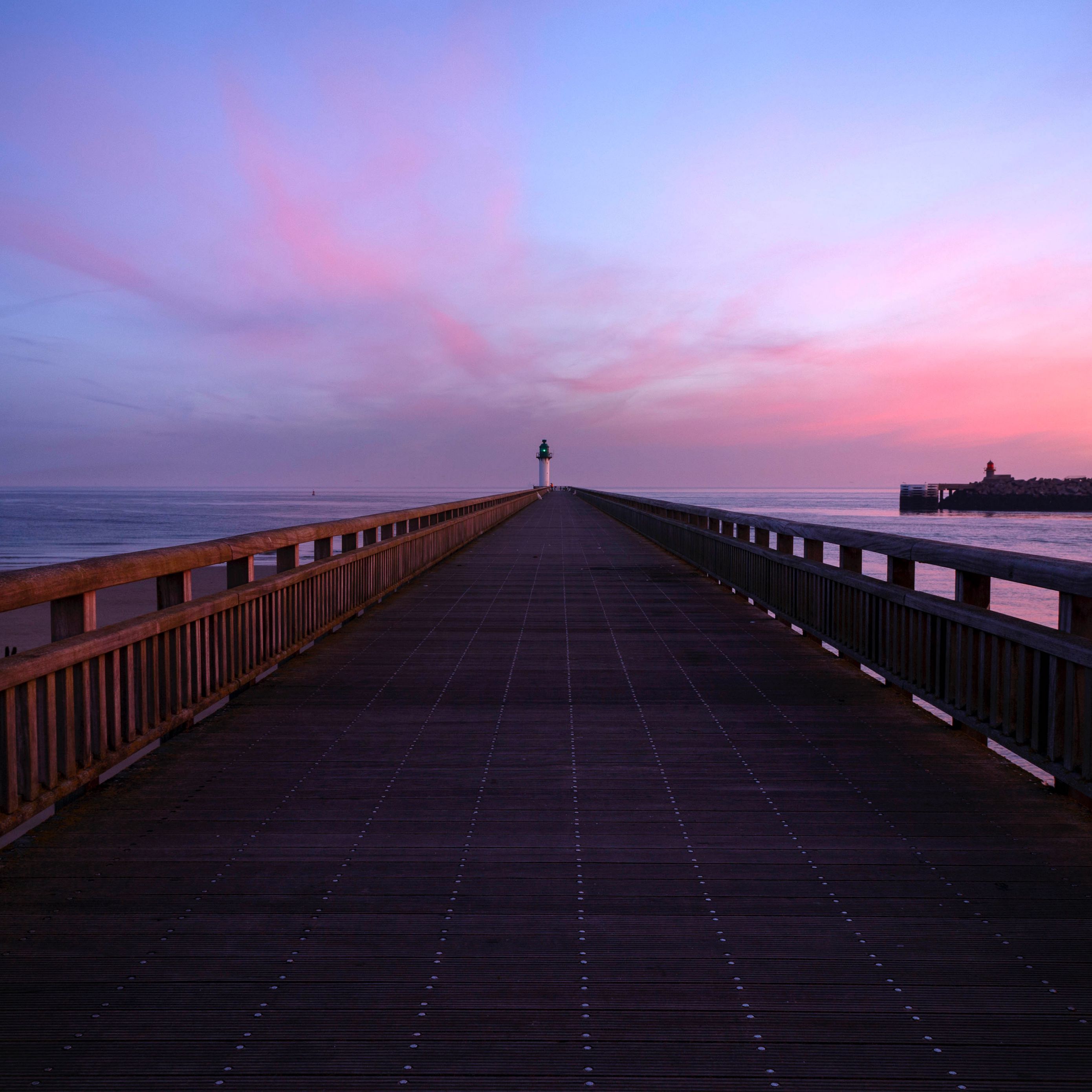 Download wallpaper 2780x2780 pier, lighthouse, horizon, dawn, sea, sky