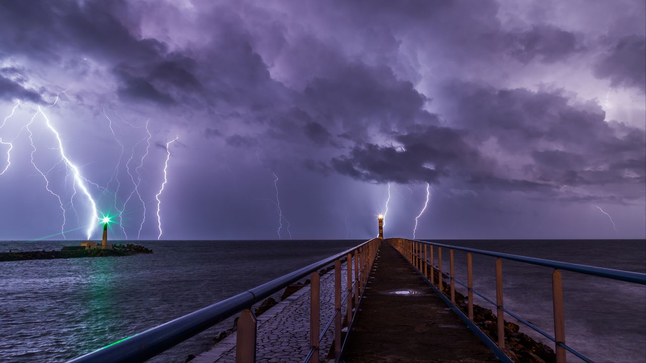 Wallpaper pier, sea, lighthouse, lightning, thunderstorm, dark