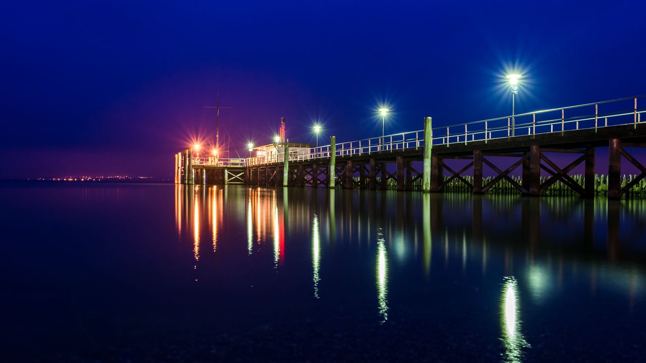 Wallpaper pier, sea, night, lights, light, lighting hd, picture, image