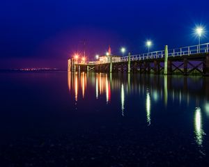 Preview wallpaper pier, sea, night, lights, light, lighting