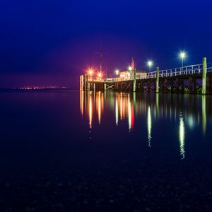 Preview wallpaper pier, sea, night, lights, light, lighting