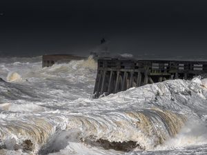 Preview wallpaper pier, sea, ocean, waves, pilings