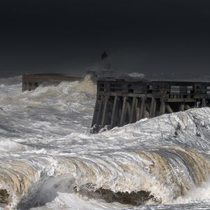 Preview wallpaper pier, sea, ocean, waves, pilings