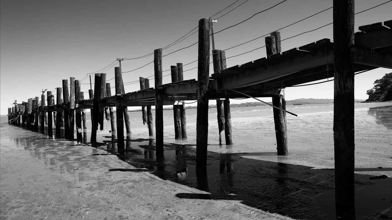 Wallpaper pier, sea, pilings, bw