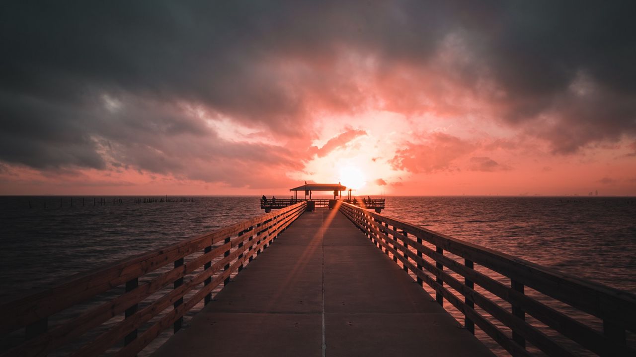 Wallpaper pier, sea, skyline, sunset, overcast