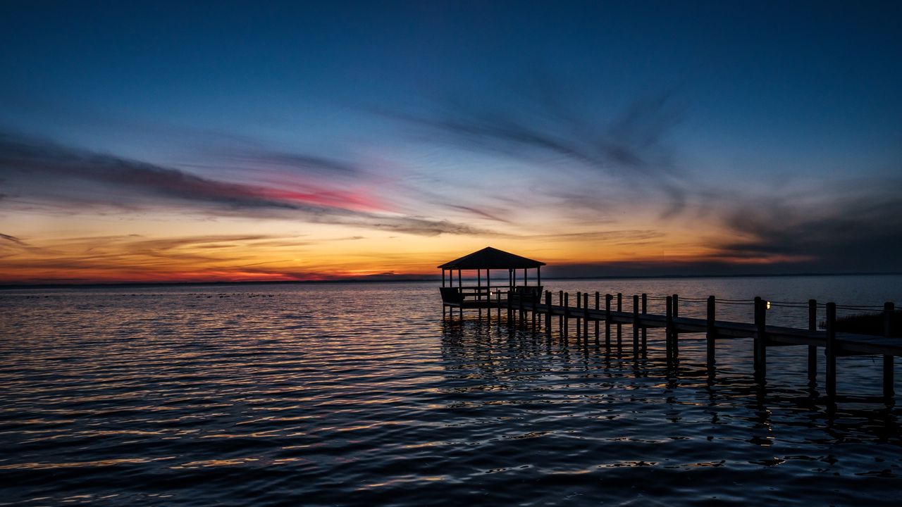 Wallpaper pier, sea, sunset, horizon, dark