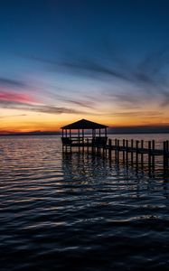 Preview wallpaper pier, sea, sunset, horizon, dark